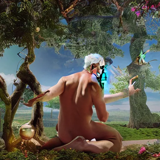 Image similar to white - bearded, god, contemplating adam and eve's future, in the garden of eden - sorcerer, detailed, futuristic, photo - realistic, digital art