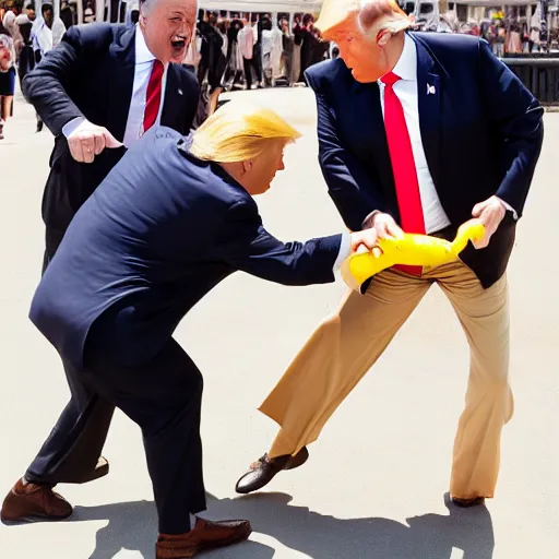 Prompt: donald trump hitting people with pudding, pudding stained clothes, golden hour, boardwalk