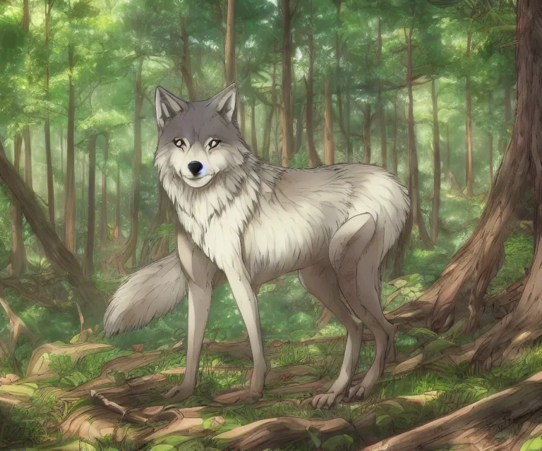 Image similar to wolf in a forest, anime fantasy illustration by tomoyuki yamasaki, kyoto studio, madhouse, ufotable, comixwave films, trending on artstation