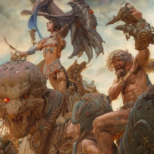 Image similar to disasterpiece Peloponnese war Gods watching above, by Edgar Maxence and Ross Tran and Michael Whelan, intricate line drawings, by Edgar Maxence and Ross Tran and Michael Whelan, 4k resolution