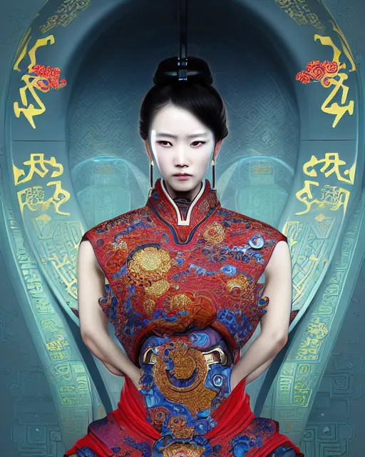 Image similar to portrait of a chinese cyberpunk machine, machine face, arms, upper half portrait, decorated with chinese opera motifs, regal, asian, fine china, wuxia, traditional chinese art intricate intense elegant 京 剧 highly detailed digital painting artstation concept art smooth sharp focus illustration, art by artgerm and greg rutkowski alphonse mucha 8 k