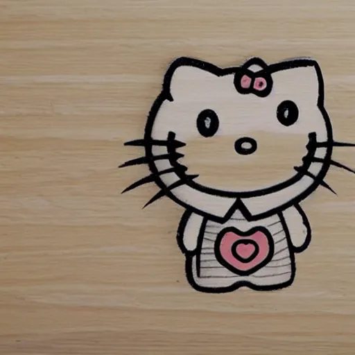 Image similar to 'hello kitty in wood carving pencil sketch'