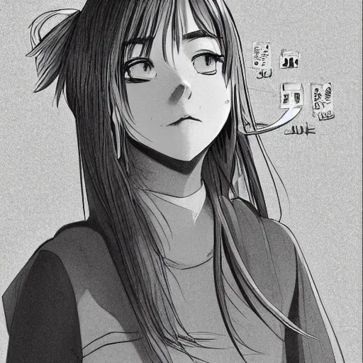 Prompt: portrait of a beautiful happy young woman staring intently at the viewer from up close to her face. genius image with amazing detail and shadowing. manga illustrated and colored by the God of mangaka. magic in the galaxy. up close photography. pretty selfie. 'what are you thinking about? I can tell what sort of thing you are thinking about.' says the cartoon sketch of a young woman staring at you warmly.