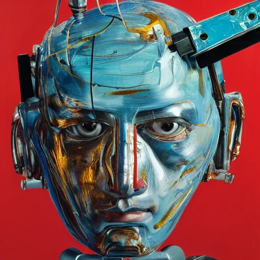 Image similar to high quality high detail painting by lucian freud and jenny saville, hd, samurai robot, turquoise