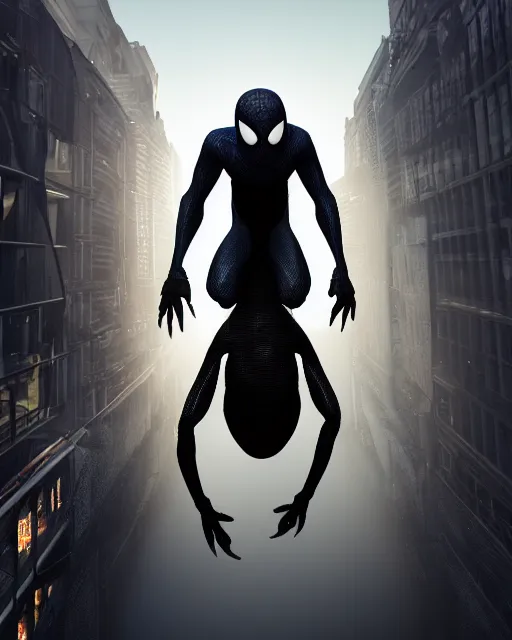 Image similar to photograph of a symbiote and spider - man hybrid, dslr, cinematic, volumetric lighting, 8 k resolution, photorealistic