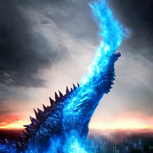 Image similar to godzilla, standing, drooling blue lava, octane render, 3D