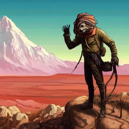 Prompt: 19th century scruffy american trapper, standing on top of boulder, bandana covering face, overlooking martian landscape, pulp science fiction illustration