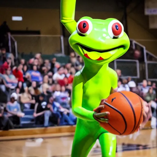 Prompt: a six foot tall anthropomorphic frog playing basketball