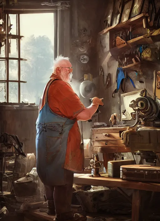 Image similar to An epic fantasy comic book style portrait painting of a an old tinker fat man working on a device in her workshop, unreal 5, DAZ, hyperrealistic, octane render, cosplay, RPG portrait, dynamic lighting