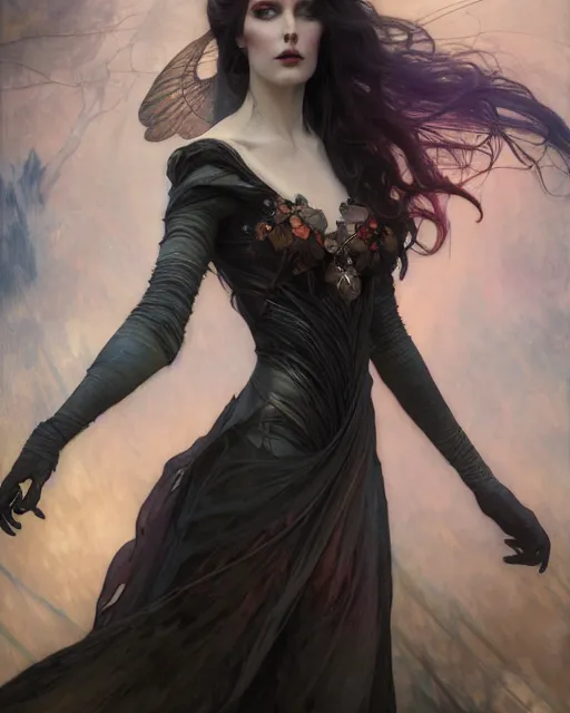 Image similar to daniel gerhartz, wlop, tom bagshaw, alfons mucha, detailed portrait digital painting of a beautiful serious villainess wearing fantasy clothing like liliana vess, villainess has black angel wings, evil mood, hellish battlefield in the background, embers flying, unreal engine, hyper realism, realistic shading, cinematic composition, blender render, ultrawide shot