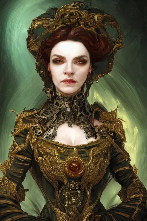 Prompt: portrait, headshot, digital painting, of a 17th century, beautiful, middle aged wrinkles, wicked, cyborg merchant woman, dark hair, amber jewels, baroque, ornate dark green clothing, scifi, futuristic, realistic, hyperdetailed, concept art, art by waterhouse