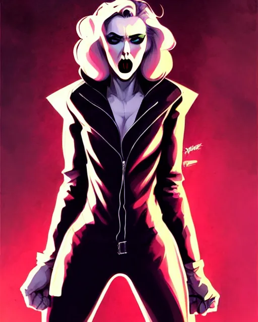 Image similar to rafael albuquerque comic art, peter mohrbacher, steve niles, artgerm, pretty scarlett johansson vampire sharp vampire teeth open mouth, symmetrical eyes, black leather jacket, jeans, long blonde hair, full body