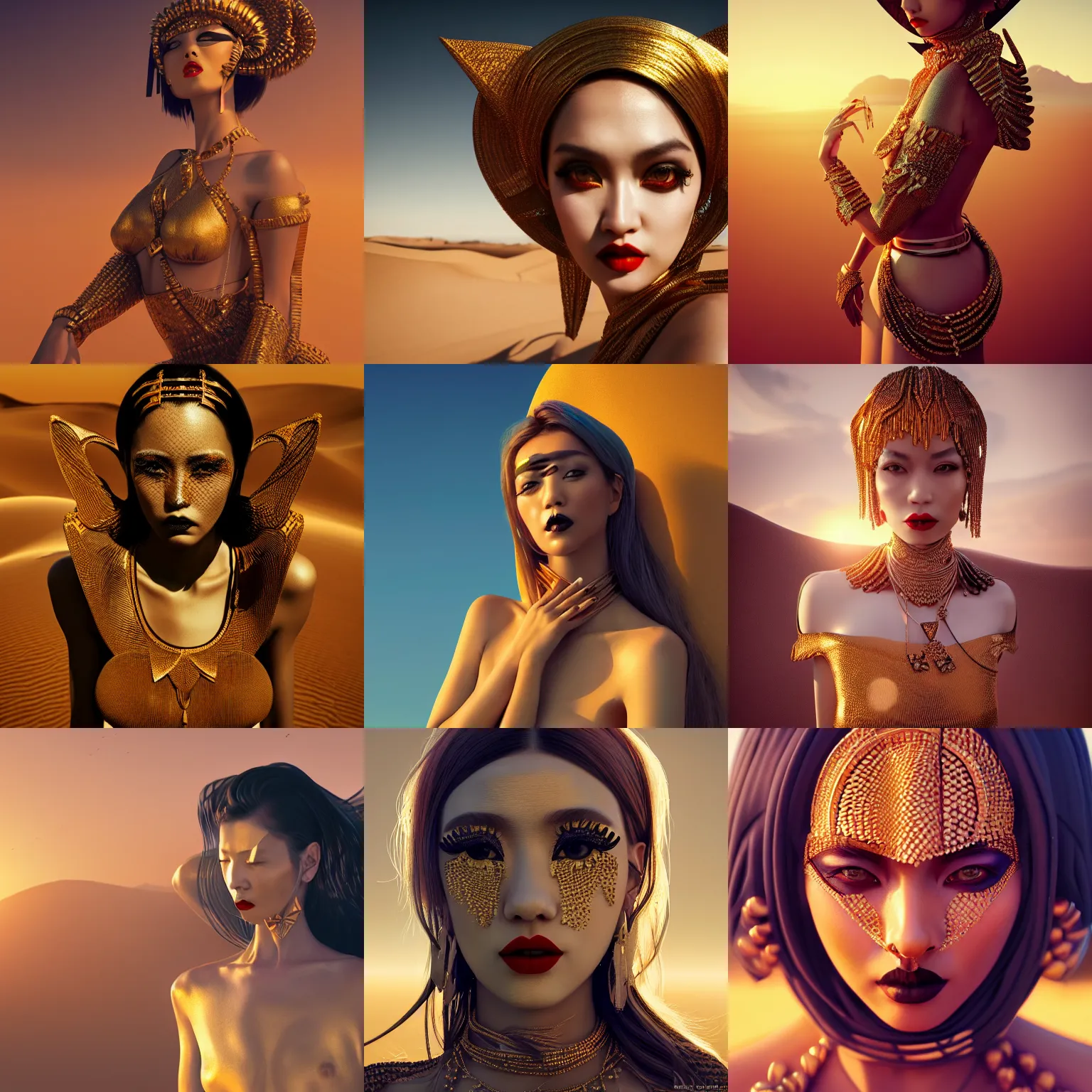 Image similar to giesha demon, innovative avant-garde art, deco fashion, asian women, highly detailed, photorealistic portrait, serene desert setting, golden hour, crisp quality and light reflections, octane render