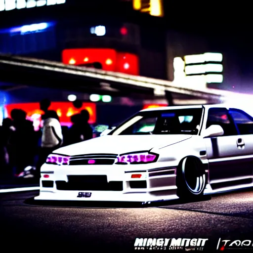 Image similar to a car JZX90 twin turbo drift at illegal car meet, Shibuya prefecture, city midnight mist lights, cinematic lighting, photorealistic, highly detailed wheels, high detail