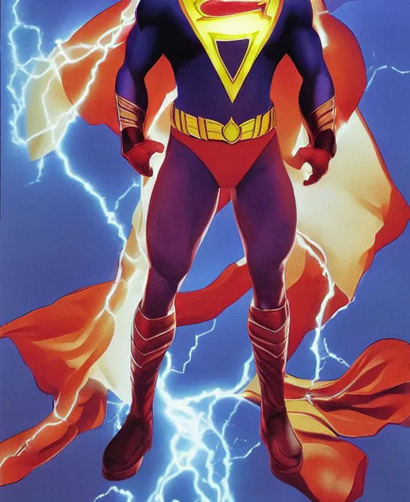 Prompt: an epic, full body shot of shazam standing proudly with his hands on hips, art by alex ross