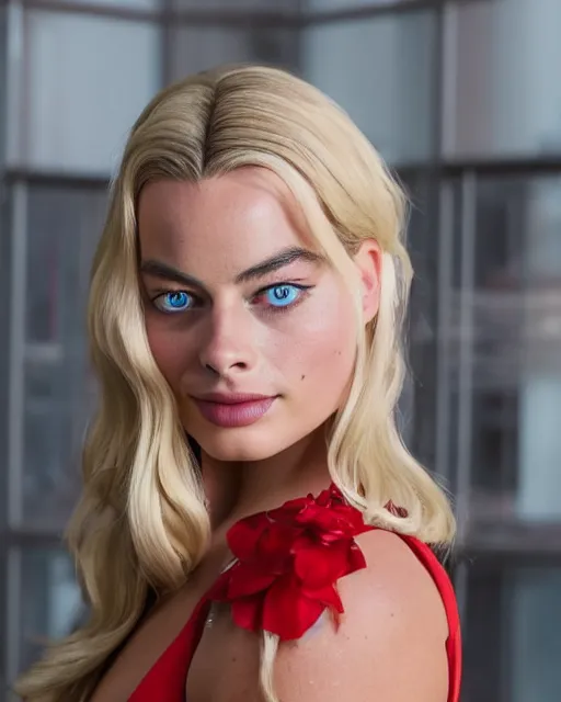 Prompt: A portrait of a margot robbie in a cosplay uniform, piercing eyes, highly detailed, bokeh, professional photograph, full body shot 4K, HD