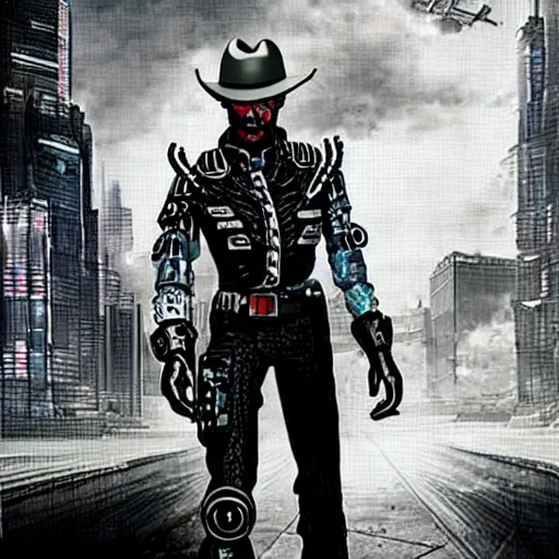 Prompt: Lee Van Cleef as a scifi futuristic cyberpunk cyberpunk cowboy. Amazing photo