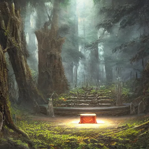 Prompt: a painting of a alien altar in the middle of a forest, a detailed matte painting by slawomir maniak, deviantart contest winner, fantasy art, matte painting, cryengine, concept art