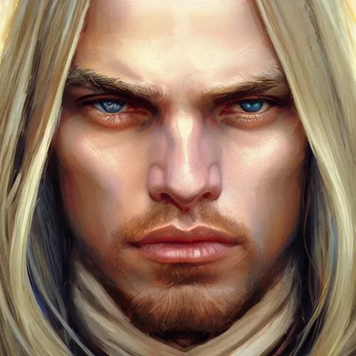 Prompt: 2 7 year old male with blue eyes and long straight blonde hair no beard with feminine features as a fantasy d & d character, closeup portrait art by donato giancola and greg rutkowski, face, digital art, trending on artstation, symmetry!!