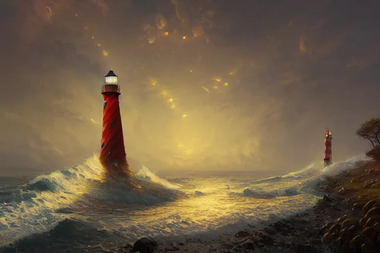 Prompt: A beautiful painting of a singular lighthouse, shining its light across a tumultuous sea of blood by Greg Rutkowski and Thomas Kinkade, Trending on artstation, yellow color scheme