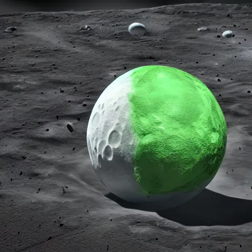 Image similar to 3 d render of a green soccer pitch on the moon, extreme long shot, unreal engine, realistic