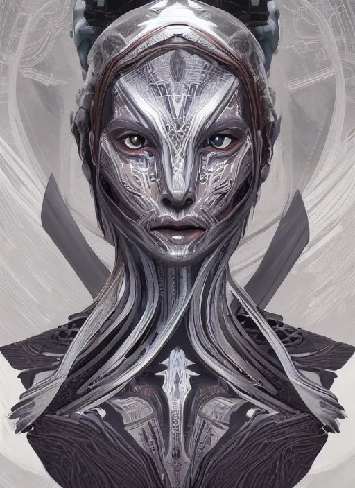 Image similar to symmetry!! portrait of silver alien in the style of horizon zero dawn, machine face, intricate, elegant, highly detailed, digital painting, artstation, concept art, smooth, sharp focus, illustration, art by artgerm and greg rutkowski and alphonse mucha, 8 k