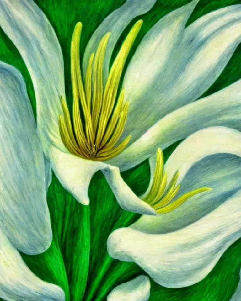 Prompt: achingly beautiful extreme close up painting of one white lily blossom on green background rene magritte, monet, and turner. piranesi. macro lens, symmetry.