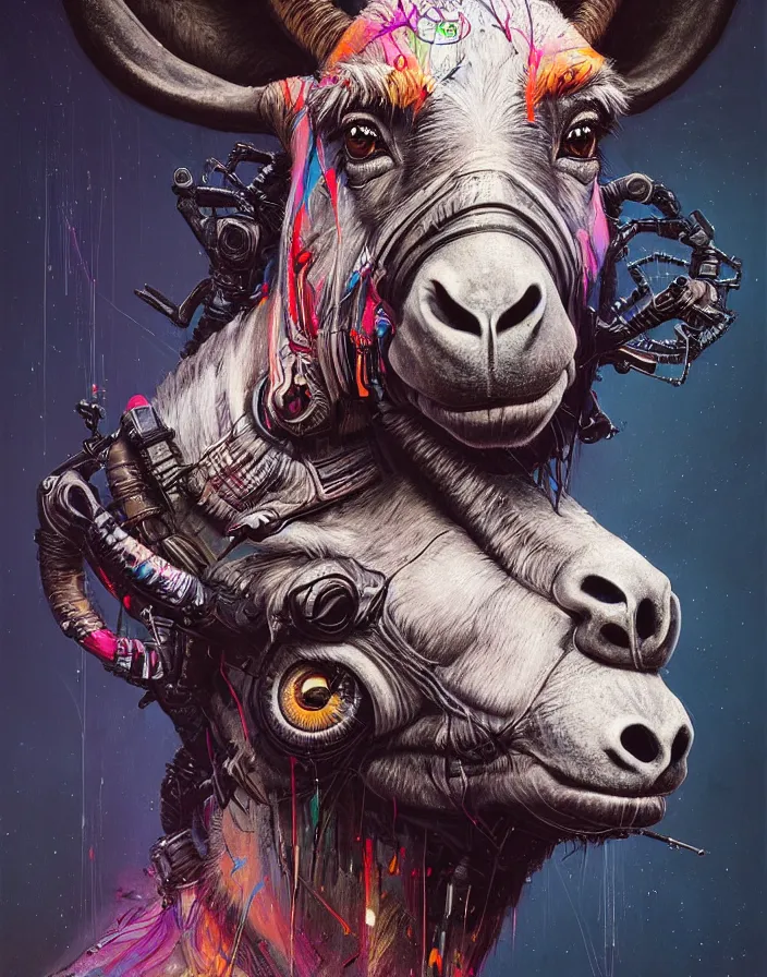 Image similar to art portrait of a crossbreed between a Donkey and a Bug, 8k,by tristan eaton,Stanley Artgermm,Tom Bagshaw,Greg Rutkowski,Carne Griffiths, Ayami Kojima, Beksinski, Giger,trending on DeviantArt,face enhance,hyper detailed,minimalist,cybernetic, android, blade runner,full of colour,