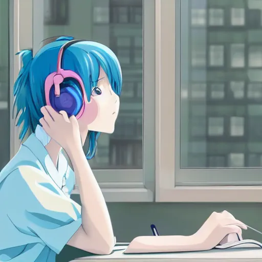 Image similar to high definition anime portrait of a pastel blue haired anime girl sitting at a desk studying with headphones on, background is a window looking out into a busy Tokyo district, lo-fi art, by Studio Ghibli, trending on artstation, sharp high quality anime, digital art, photoshop, proportionate, ambient lighting