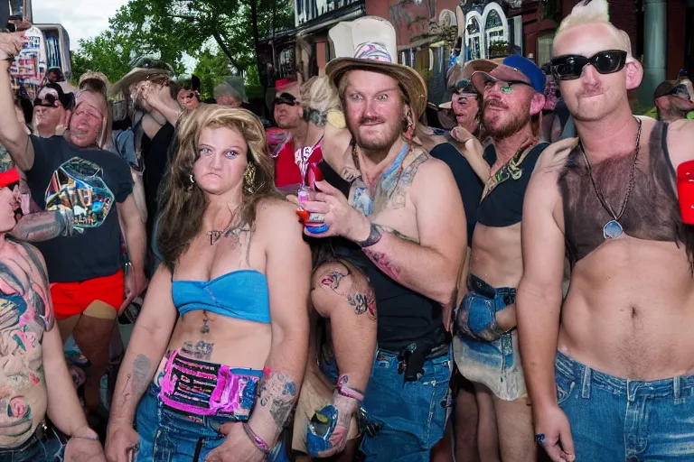 Image similar to pride party of rednecks, street photography, photojournalism