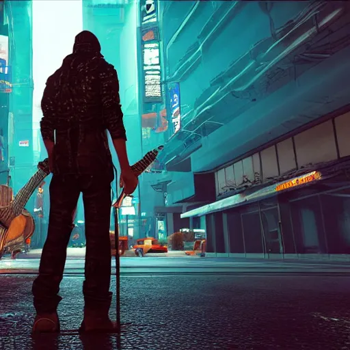 Prompt: portrait of a old nomad with guitar in cyberpunk city, rainy night, highly detailed, unreal engine 5