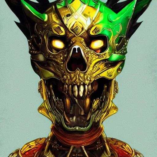 Prompt: a golden wolf skull face warrior with emeralds in his forehead, Apex Legends character digital illustration portrait design, by android jones, detailed, cinematic lighting, wide angle action dynamic portrait