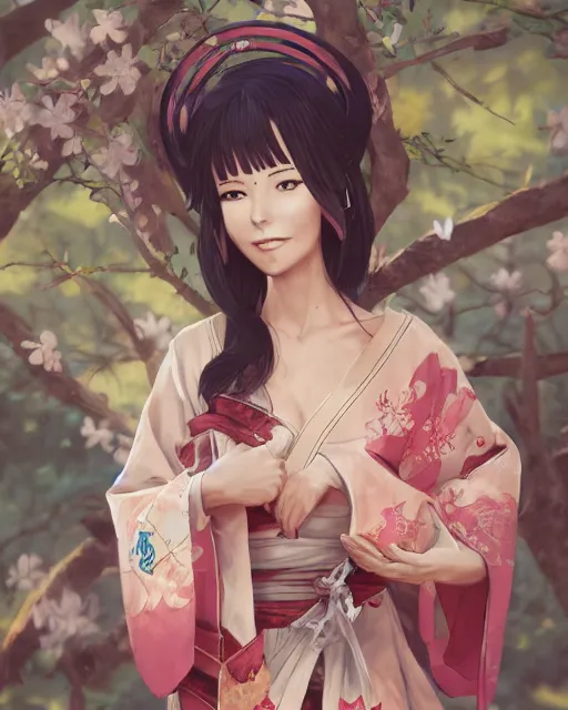 Image similar to An anime portrait of Ssunbiki as a beautiful woman wearing a kimono from Skyrim, by Stanley Artgerm Lau, WLOP, Rossdraws, James Jean, Andrei Riabovitchev, Marc Simonetti, and Sakimichan, trending on artstation