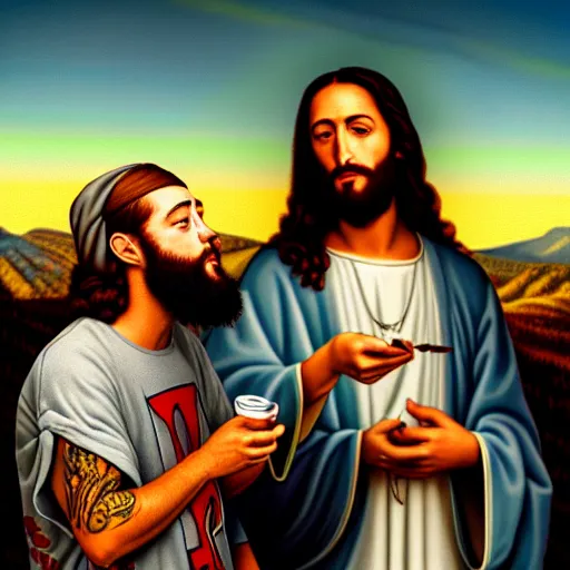 Image similar to a ultra detail picture portrait of Mac Miller and Jesus smoking a joint in heaven, 8k, photorealistic