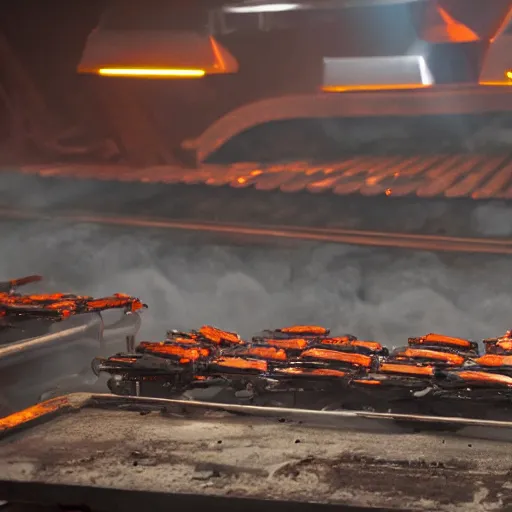 Image similar to rows of toaster oven mecha heads on conveyor belt, dark messy smoke - filled cluttered workshop, dark, dramatic lighting, orange tint, sparks, cinematic, highly detailed, sci - fi, futuristic, movie still