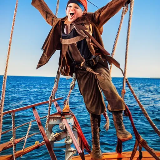 Prompt: a young man jumping on a pirate ship