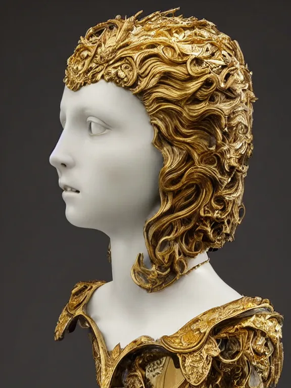 Image similar to a backlit art nouveau marble head and torso sculpture of a worried young millie bobby brown with long, flowing hair, wearing intricate gold plate armor on her chest and an elaborate golden helmet, delicate, intricate, smooth, beautiful, glowing, by charles van der stappen