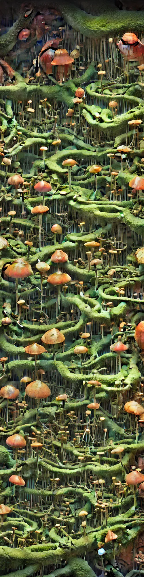 Prompt: living building made of mycelium and slime, basil wolverton, high detail, cubensis, amanita, studio ghibli, mc escher, picasso, dali, muted colors, cubism, assyrian, octane render