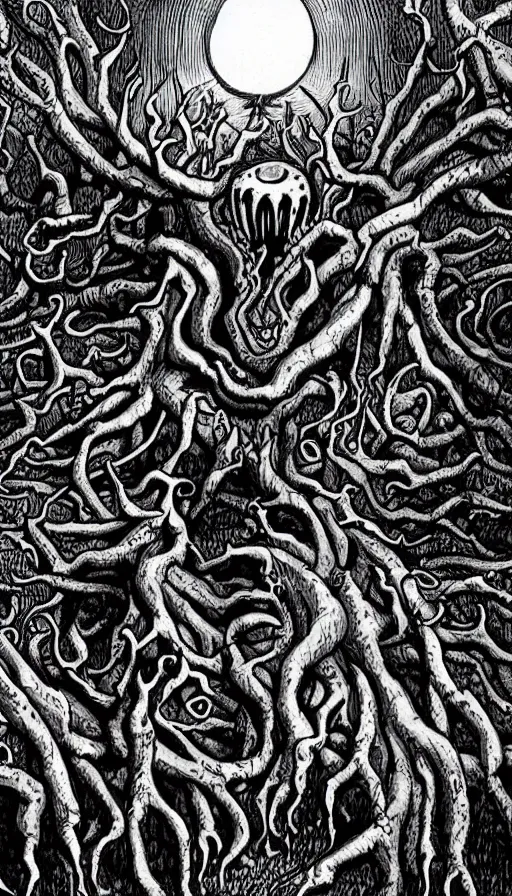 Prompt: a storm vortex made of many demonic eyes and teeth over a forest, by h. p. lovecraft