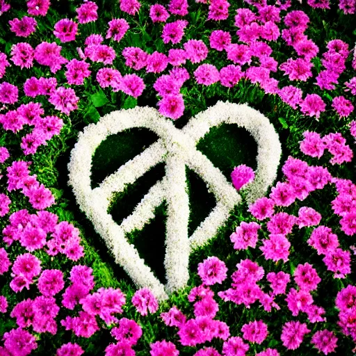 Prompt: Photo of flowers in the shape of a peace sign, award winning photo, 8K, ambient light, dynamic lighting