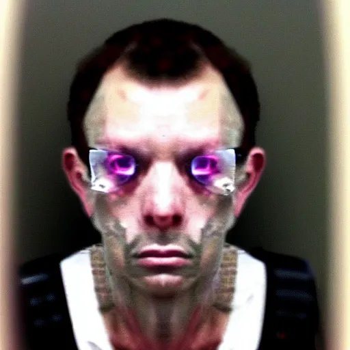 Image similar to grainy photo of an ugly man, wearing bionic implants, cyborg, cyborg, cyborg, criminal, mugshot background