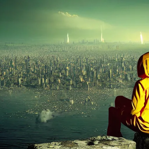 Prompt: a beautiful award-winning photo of the last man on Earth wearing a hazmat suit, sitting, serene idyllic post-nuclear background with a mushroom cloud on the horizon, a mirage of a skyline of a destroyed city, numerous fires, volumetric lighting, very high quality, extremely detailed, subtle visual noise, 8K