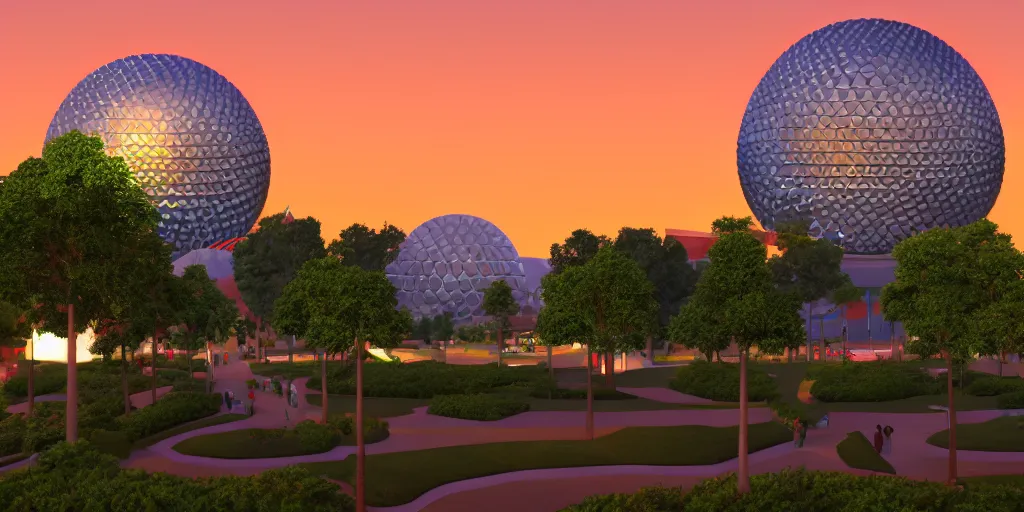 Prompt: epcot center, viewed from a distance, 4 k digital art, volumetric lighting, trending on artstation, high quality,