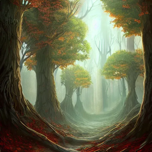 Image similar to corridors through fantasy forest dreamscapes, highly detailed painting, illustration, trending on artstation