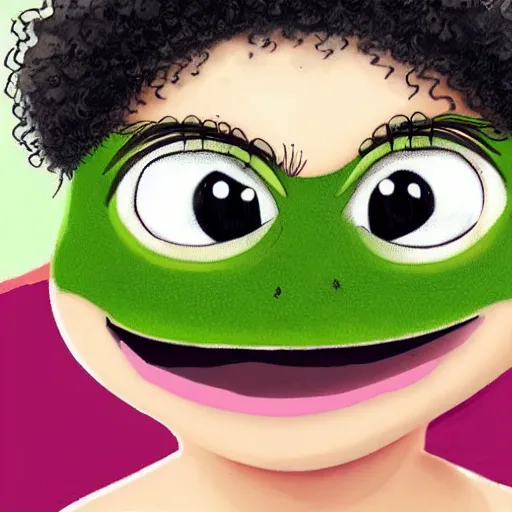 Image similar to hyperreal pepe the frog with curly hair cute girl