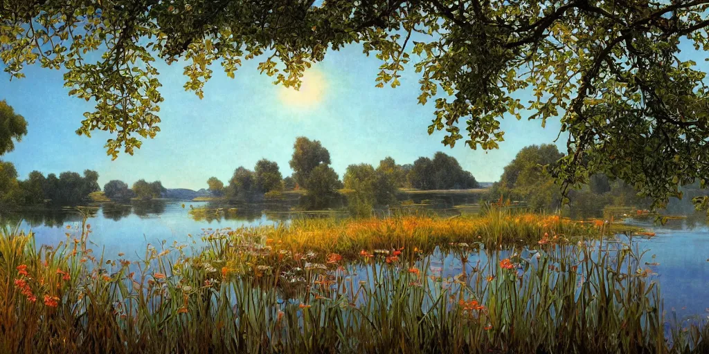 Image similar to a beautiful lake landscape in summer, romantic ambiente, reed on riverbank, no mountains, clear sky, sunshine, colorful, by Mohrbacher and Moebius and Alphonse Mucha and Roger Deakins, cinematic lighting, masterpiece, highly detailed, 8k resolution, trending on art station