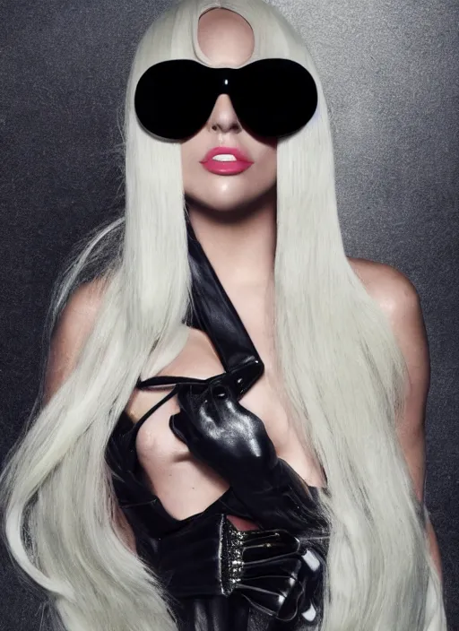 Prompt: lady gaga styled by nick knight posing, born this way 2 0 1 1 album inspired, photohoot, long platinum blonde hair with bangs fringe, versace sunglases, vogue magazine, canon, highly realistic. high resolution. highly detailed. dramatic. 8 k. 4 k.