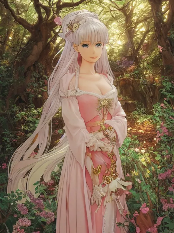 Image similar to anime key visual of barbie wearing a medieval gown!! intricate, magical forest, stunning, highly detailed, digital painting, artstation, smooth, hard focus, illustration, art by artgerm and greg rutkowski and alphonse mucha