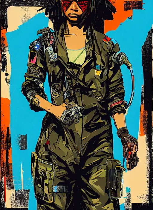 Image similar to maria igwe. cyberpunk hacker in tactical jumpsuit. portrait illustration, pop art, splash painting, art by geof darrow, ashley wood, alphonse mucha, makoto shinkai