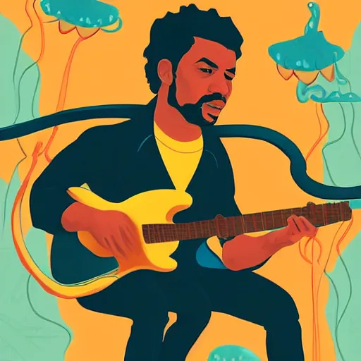 Image similar to portrait of Carlos Santana playing guitar with snakes evolving from his bofy by Sachin Teng and wlop